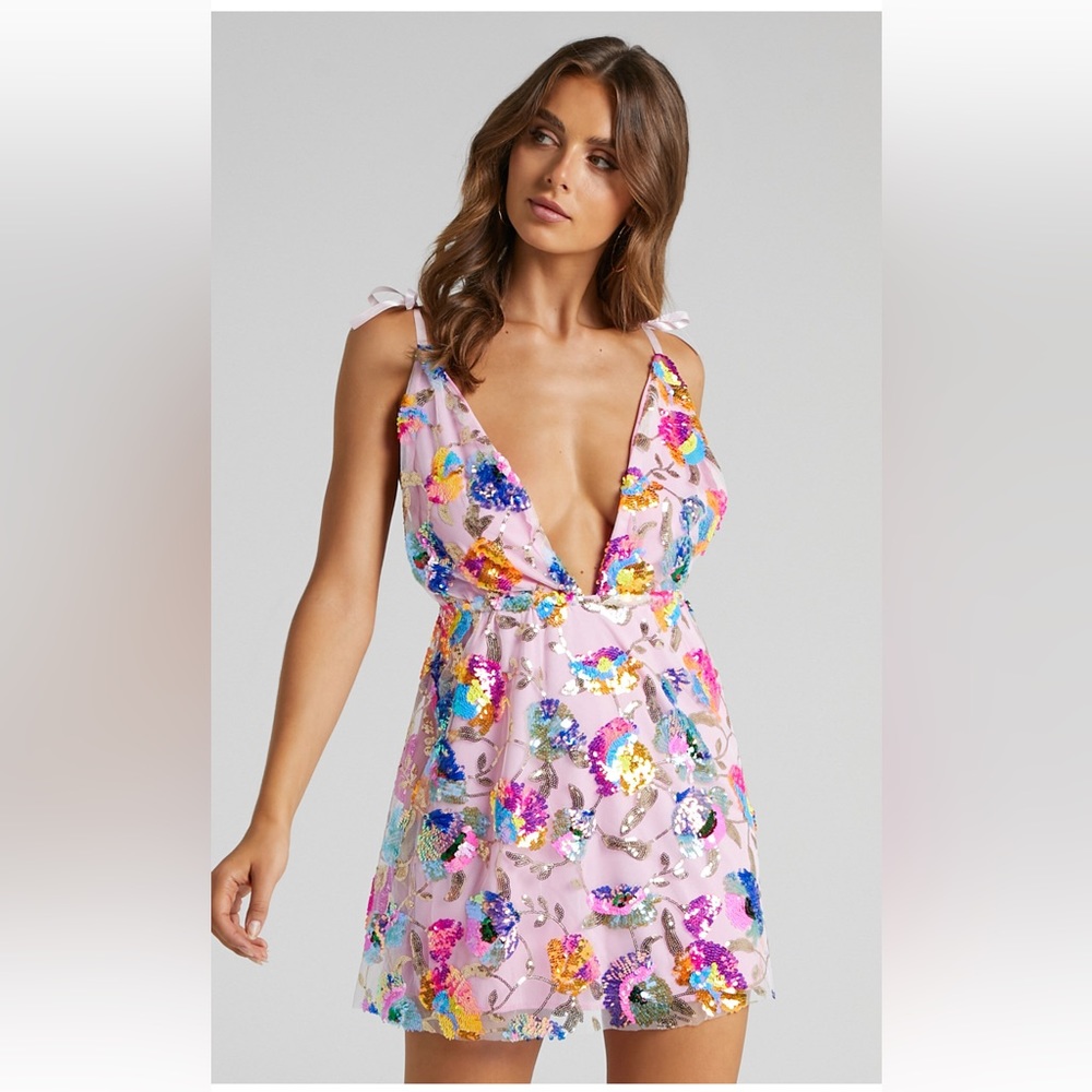 SHOWPO Garden of Eden Plunge neck embellished mini dress, baby pink print, XS